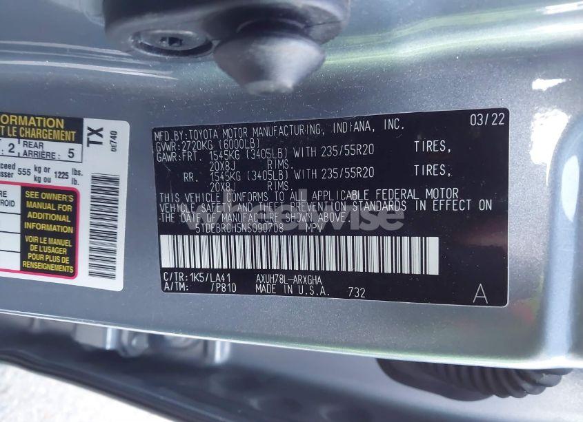 Photo 9 of 2022 Toyota Highlander HYBRID PLATINUM (VIN 5TDEBRCH5NS090708)