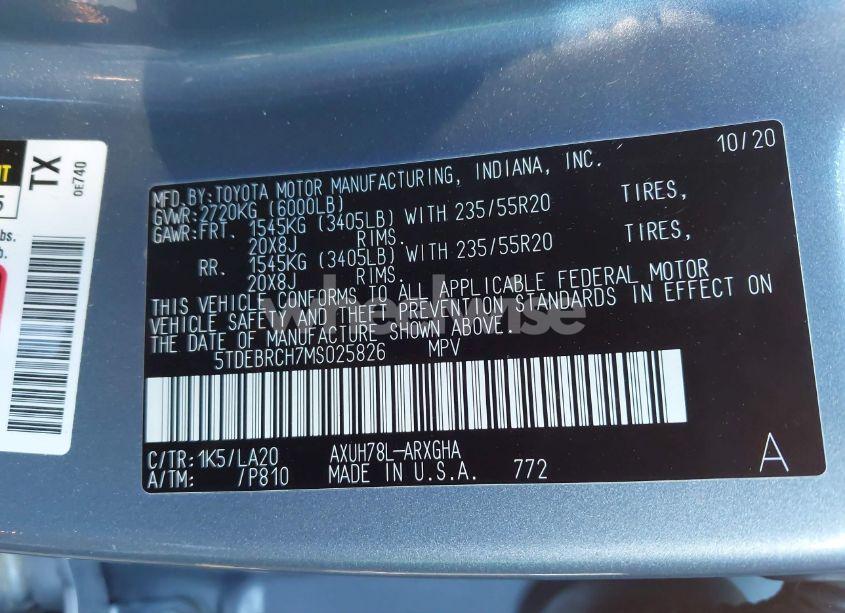 Photo 9 of 2021 Toyota Highlander HYBRID PLATINUM (VIN 5TDEBRCH7MS025826)