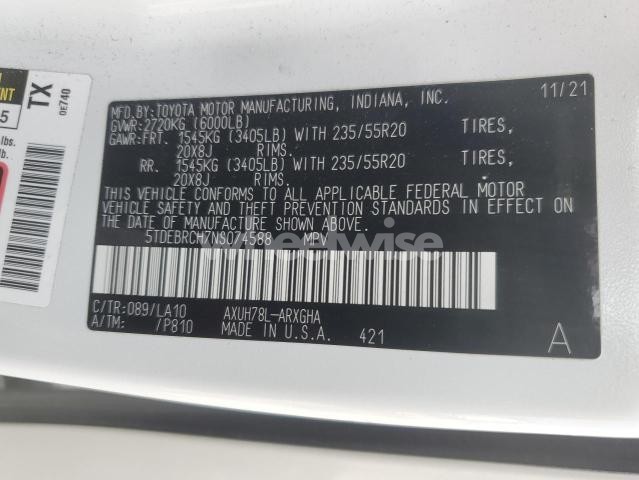 Photo 3 of 2022 TOYOTA HIGHLANDER HYBRID PLATINUM (VIN 5TDEBRCH7NS074588)