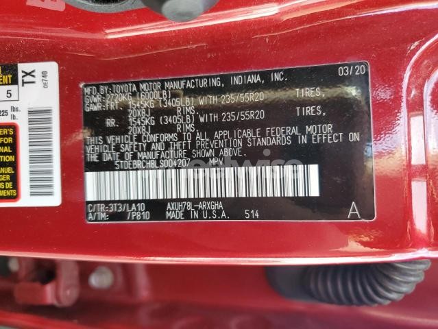 Photo 9 of 2020 TOYOTA HIGHLANDER HYBRID PLATINUM (VIN 5TDEBRCH8LS004207)