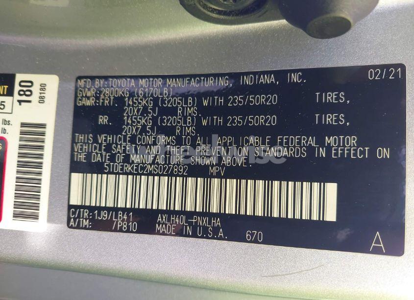 Photo 9 of 2021 Toyota Sienna PLATINUM (VIN 5TDERKEC2MS027892)