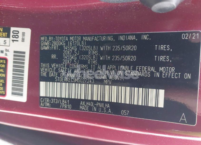 Photo 9 of 2021 Toyota Sienna PLATINUM (VIN 5TDERKEC9MS027243)