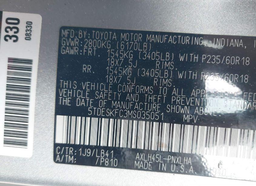 Photo 9 of 2021 Toyota Sienna PLATINUM (VIN 5TDESKFC3MS035051)