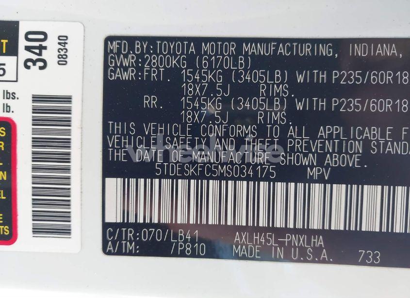 Photo 9 of 2021 Toyota Sienna PLATINUM (VIN 5TDESKFC5MS034175)