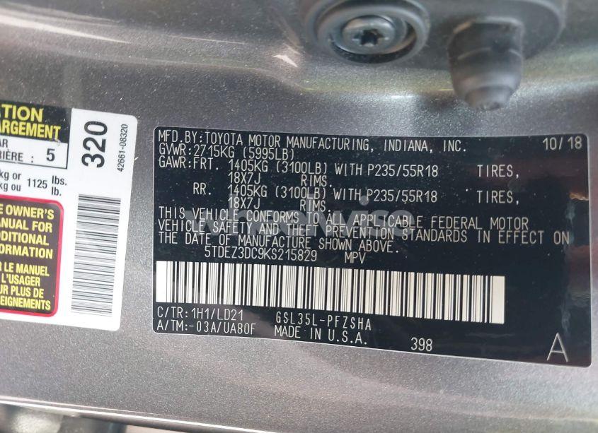 Photo 9 of 2019 Toyota Sienna SE PREMIUM (VIN 5TDEZ3DC9KS215829)