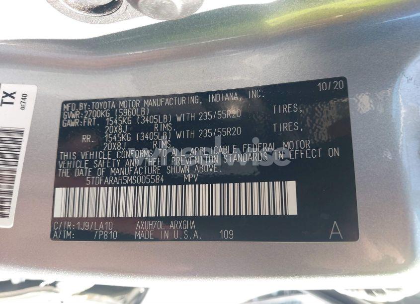 Photo 9 of 2021 Toyota Highlander HYBRID PLATINUM (VIN 5TDFARAH5MS005584)
