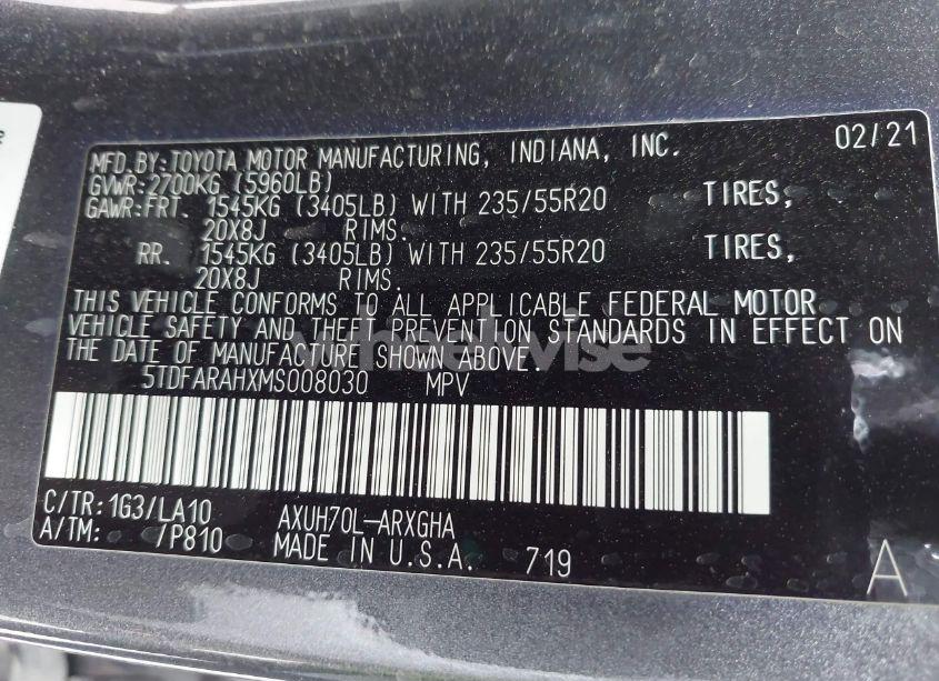 Photo 9 of 2021 Toyota Highlander HYBRID PLATINUM (VIN 5TDFARAHXMS008030)