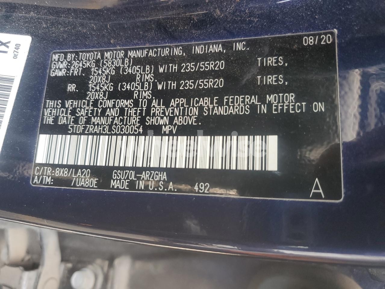 Photo 14 of 2020 TOYOTA HIGHLANDER PLATINUM (VIN 5TDFZRAH3LS030054)