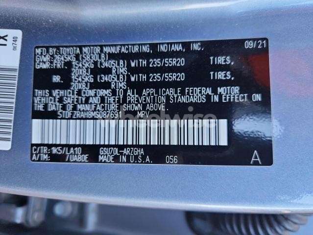 Photo 2 of 2021 TOYOTA HIGHLANDER PLATINUM (VIN 5TDFZRAH8MS087691)