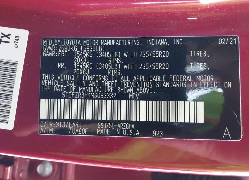 Photo 9 of 2021 Toyota Highlander PLATINUM (VIN 5TDFZRBH1MS093332)