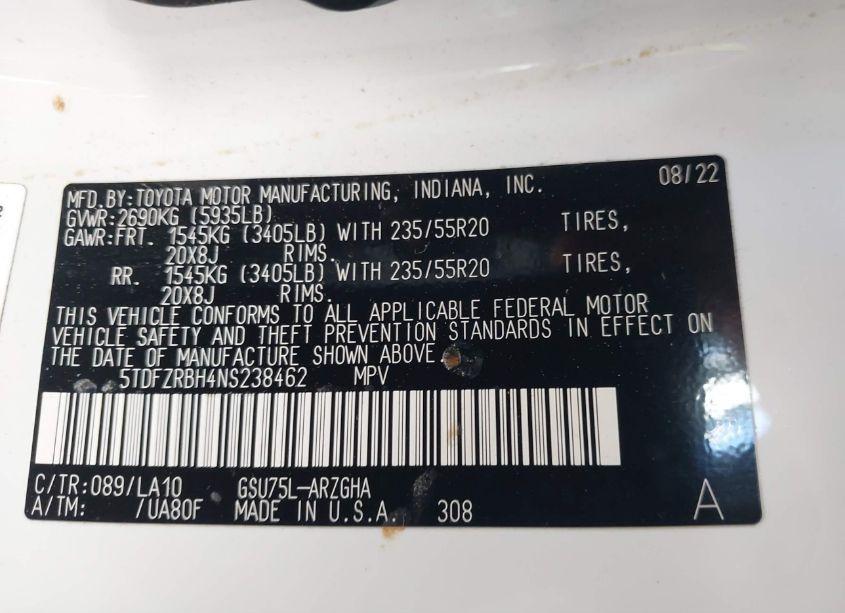 Photo 9 of 2022 Toyota Highlander PLATINUM (VIN 5TDFZRBH4NS238462)