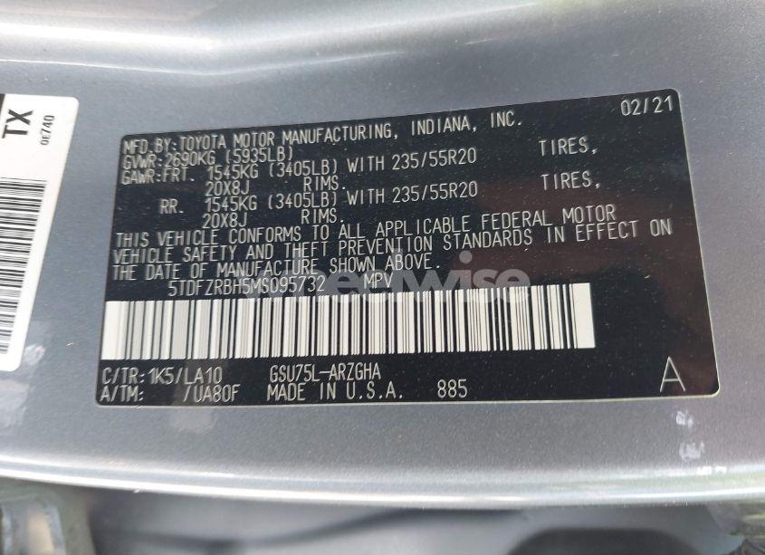 Photo 9 of 2021 Toyota Highlander PLATINUM (VIN 5TDFZRBH5MS095732)