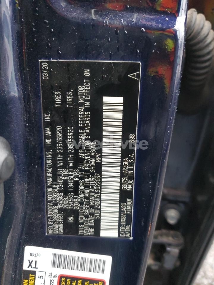 Photo 12 of 2020 TOYOTA HIGHLANDER PLATINUM (VIN 5TDFZRBH7LS022067)