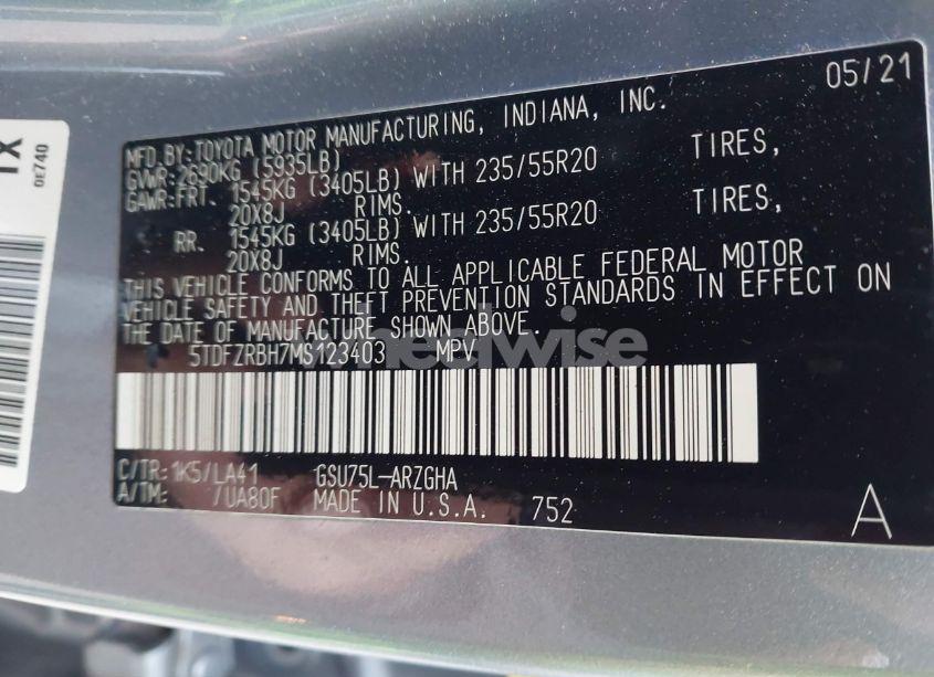 Photo 9 of 2021 Toyota Highlander PLATINUM (VIN 5TDFZRBH7MS123403)