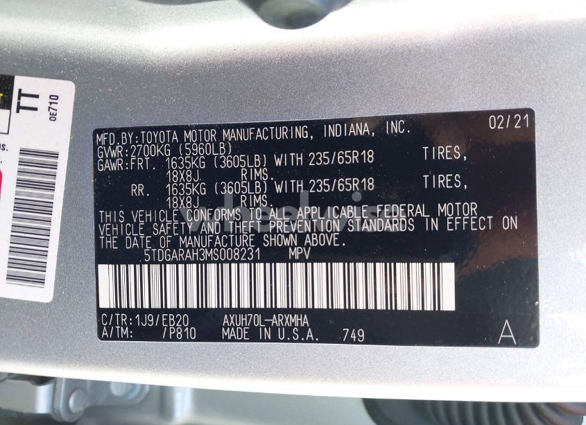 Photo 9 of 2021 Toyota Highlander HYBRID XLE (VIN 5TDGARAH3MS008231)