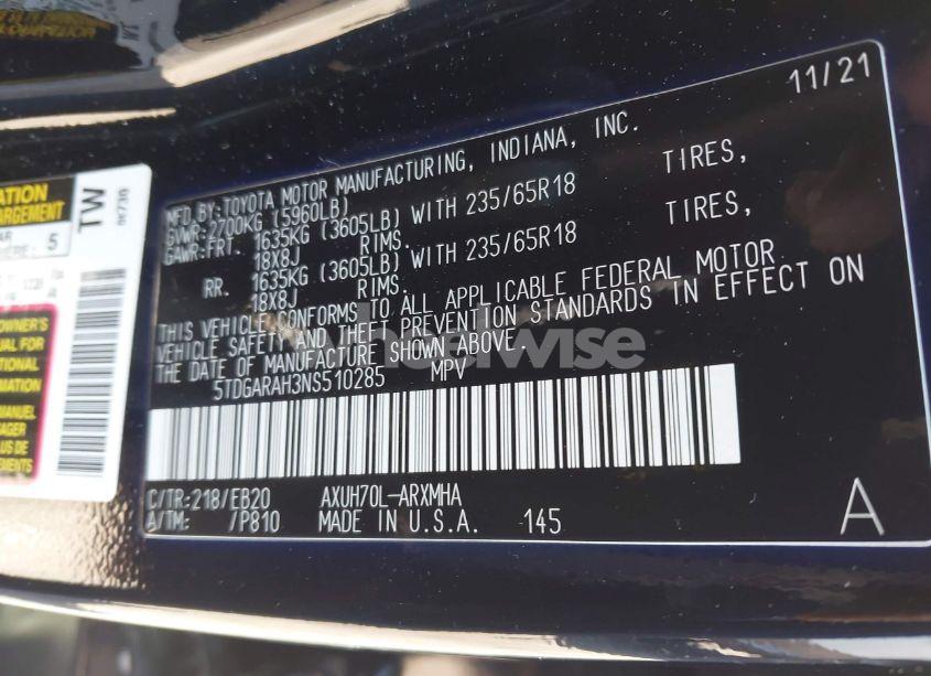 Photo 9 of 2022 Toyota Highlander HYBRID XLE (VIN 5TDGARAH3NS510285)