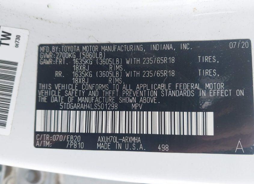 Photo 9 of 2020 Toyota Highlander HYBRID XLE (VIN 5TDGARAH4LS501298)