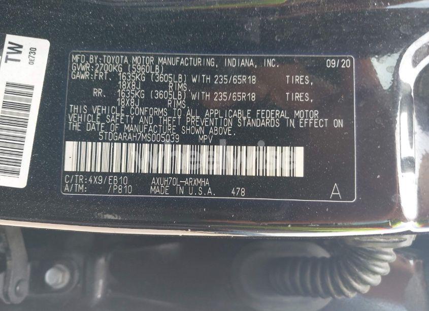 Photo 9 of 2021 Toyota Highlander HYBRID XLE (VIN 5TDGARAH7MS005039)