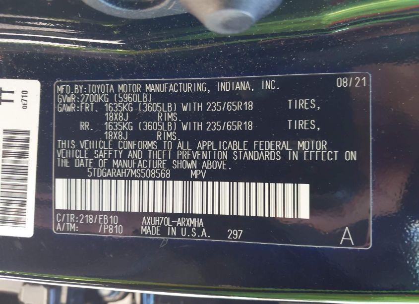 Photo 9 of 2021 Toyota Highlander HYBRID XLE (VIN 5TDGARAH7MS508568)