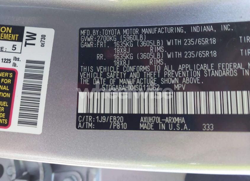 Photo 9 of 2021 Toyota Highlander HYBRID XLE (VIN 5TDGARAHXMS011062)