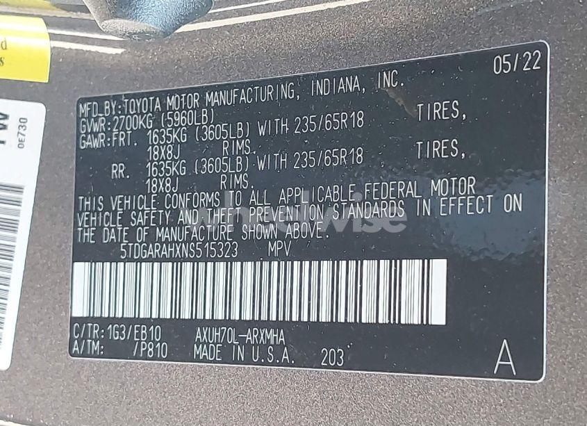 Photo 9 of 2022 Toyota Highlander HYBRID XLE (VIN 5TDGARAHXNS515323)