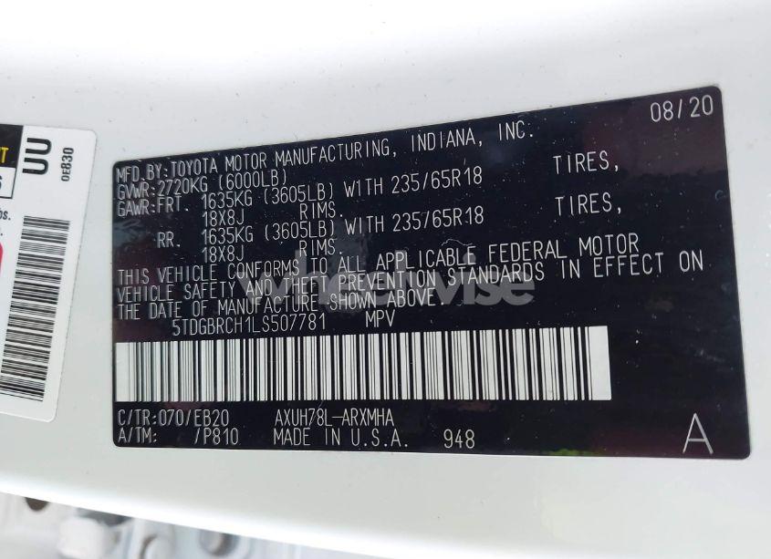 Photo 9 of 2020 Toyota Highlander HYBRID XLE (VIN 5TDGBRCH1LS507781)