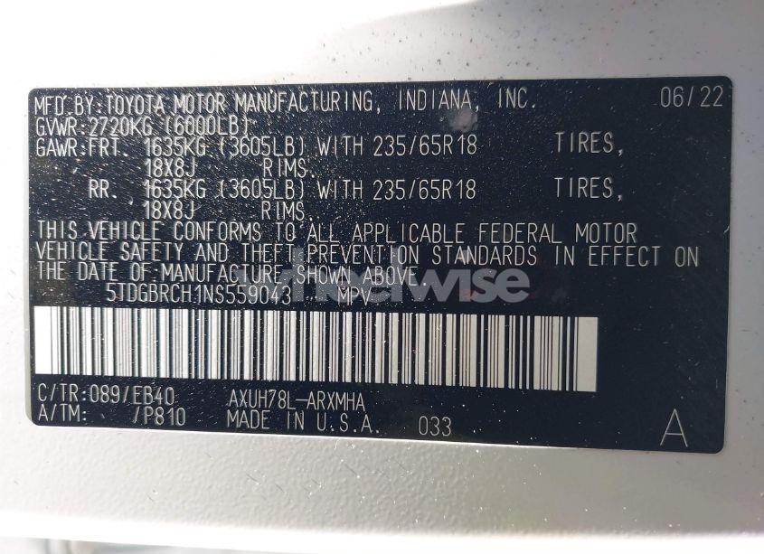 Photo 9 of 2022 Toyota Highlander HYBRID XLE (VIN 5TDGBRCH1NS559043)