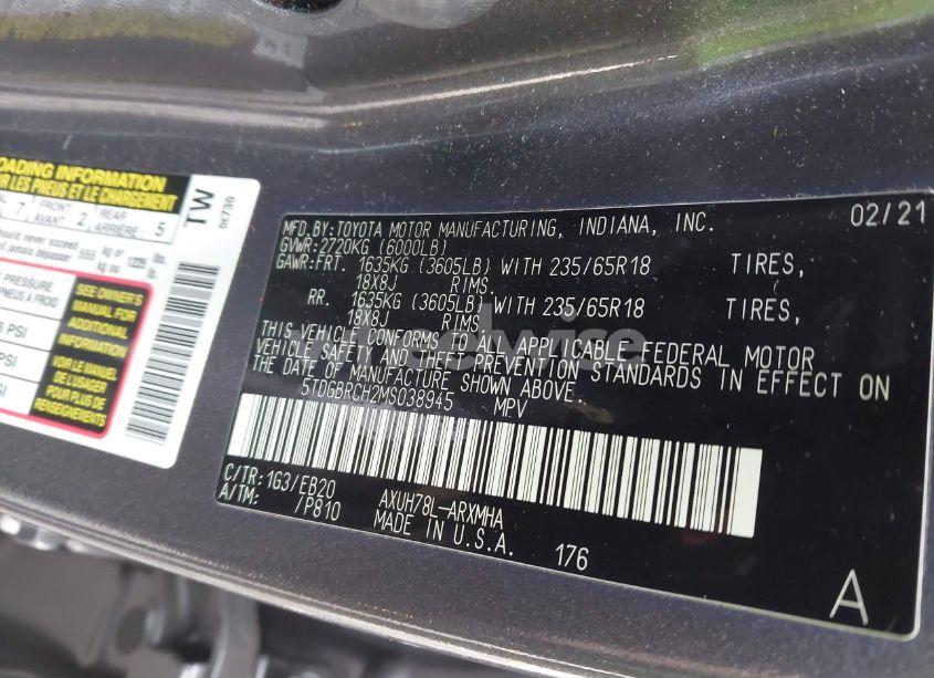 Photo 9 of 2021 Toyota Highlander HYBRID XLE (VIN 5TDGBRCH2MS038945)