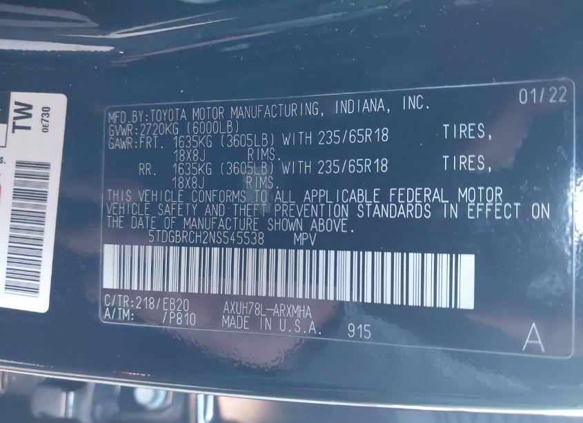 Photo 9 of 2022 Toyota Highlander HYBRID XLE (VIN 5TDGBRCH2NS545538)