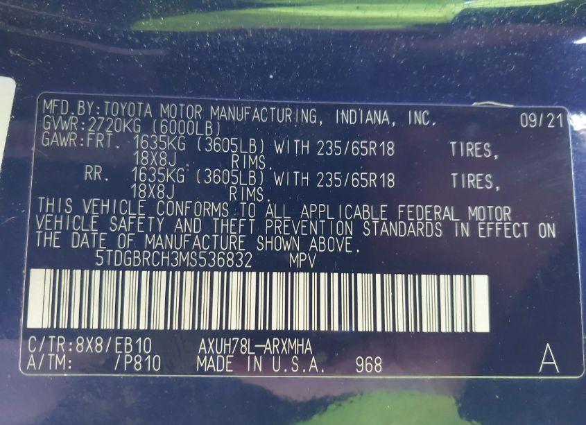 Photo 9 of 2021 Toyota Highlander HYBRID XLE (VIN 5TDGBRCH3MS536832)