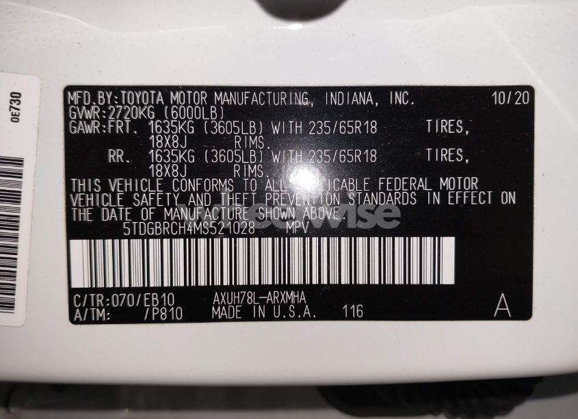 Photo 9 of 2021 Toyota Highlander HYBRID XLE (VIN 5TDGBRCH4MS521028)