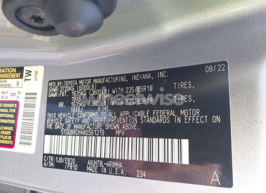 Photo 9 of 2022 Toyota Highlander HYBRID XLE (VIN 5TDGBRCH4NS561319)