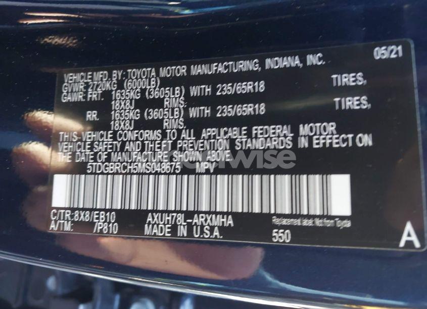 Photo 9 of 2021 Toyota Highlander HYBRID XLE (VIN 5TDGBRCH5MS048675)