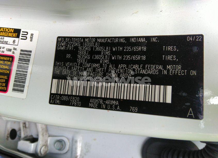 Photo 9 of 2022 Toyota Highlander HYBRID XLE (VIN 5TDGBRCH5NS555061)