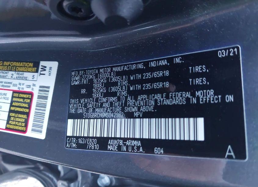 Photo 9 of 2021 Toyota Highlander HYBRID XLE (VIN 5TDGBRCH6MS042982)