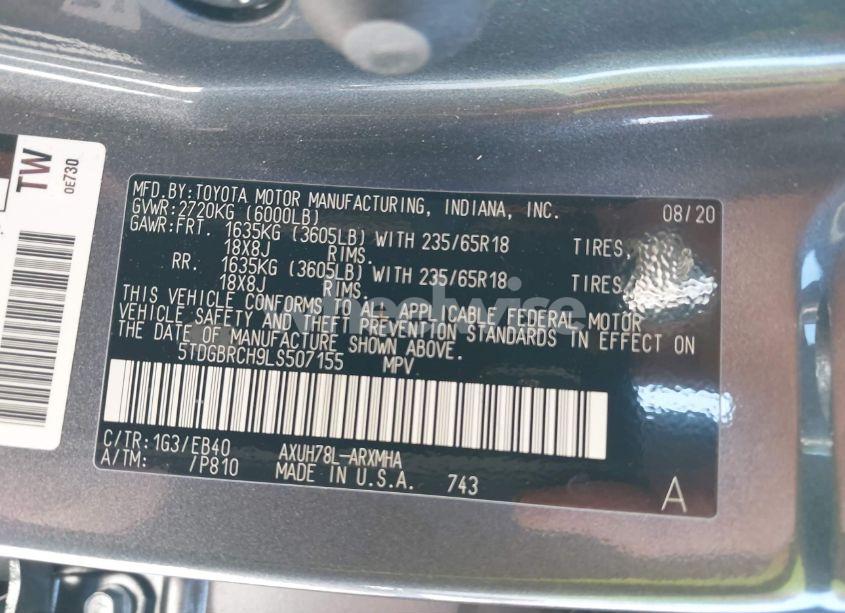 Photo 9 of 2020 Toyota Highlander HYBRID XLE (VIN 5TDGBRCH9LS507155)