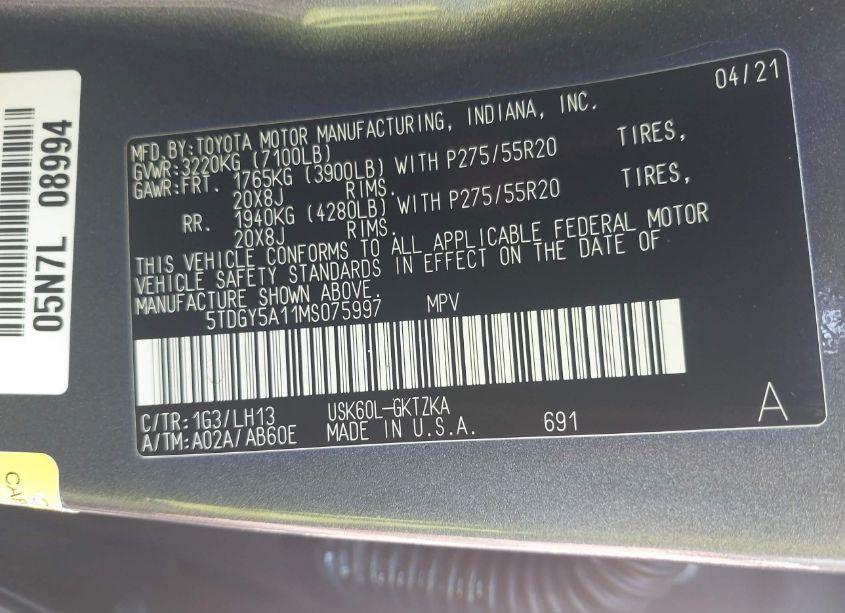 Photo 9 of 2021 Toyota Sequoia PLATINUM (VIN 5TDGY5A11MS075997)
