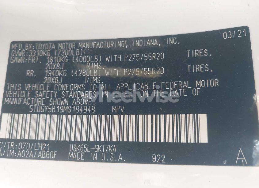 Photo 9 of 2021 Toyota Sequoia PLATINUM (VIN 5TDGY5B19MS184948)