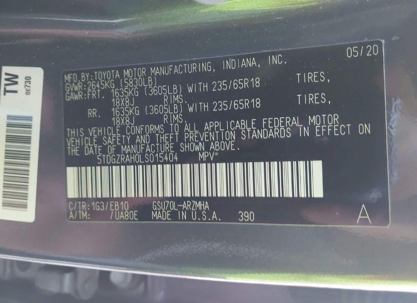 Photo 9 of 2020 Toyota Highlander XLE (VIN 5TDGZRAH0LS015404)