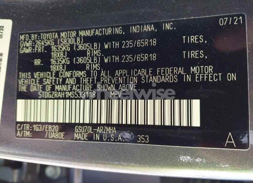 Photo 9 of 2021 Toyota Highlander XLE (VIN 5TDGZRAH1MS533118)