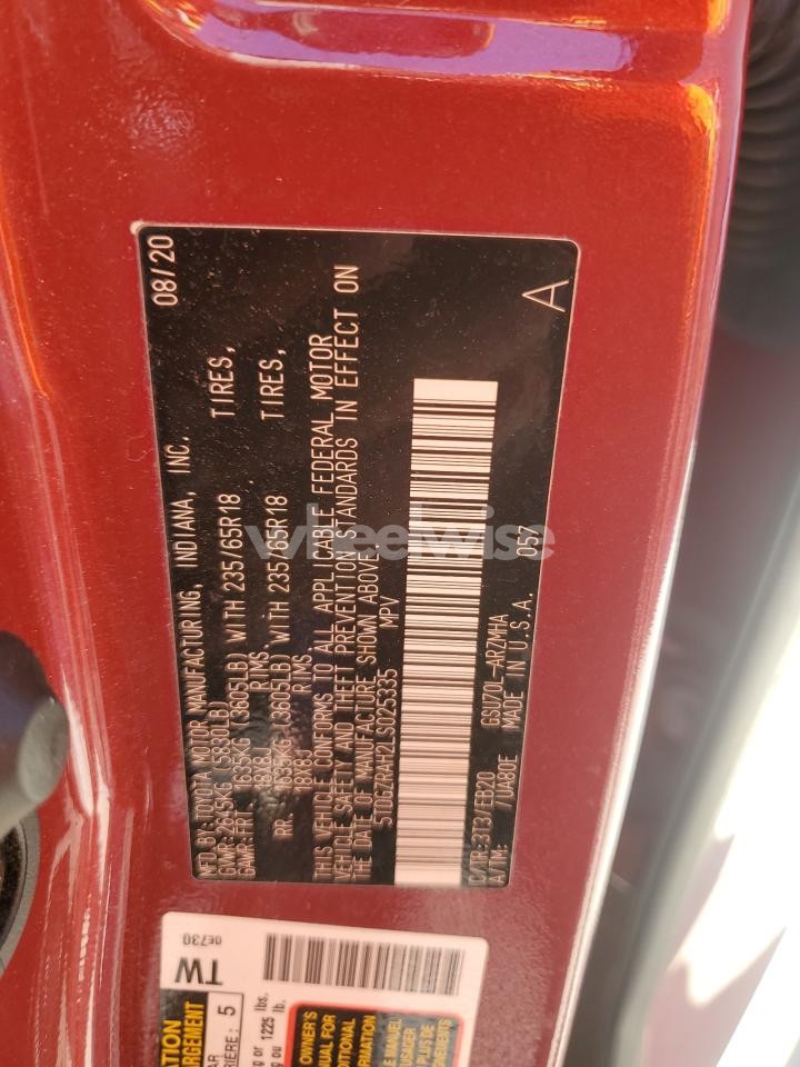 Photo 13 of 2020 TOYOTA HIGHLANDER XLE (VIN 5TDGZRAH2LS025335)