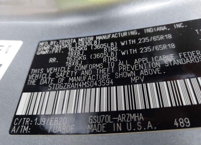 Photo 9 of 2021 Toyota Highlander XLE (VIN 5TDGZRAH4MS043594)