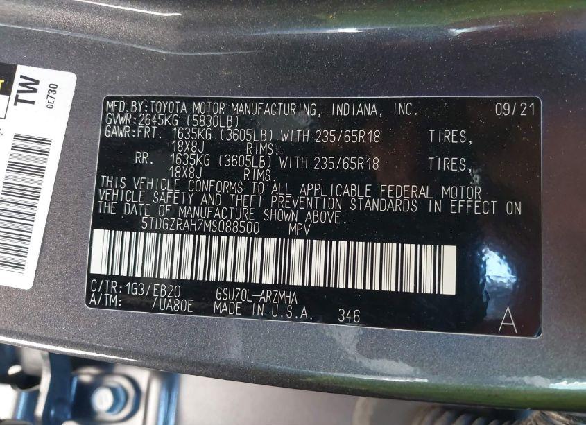 Photo 9 of 2021 Toyota Highlander XLE (VIN 5TDGZRAH7MS088500)