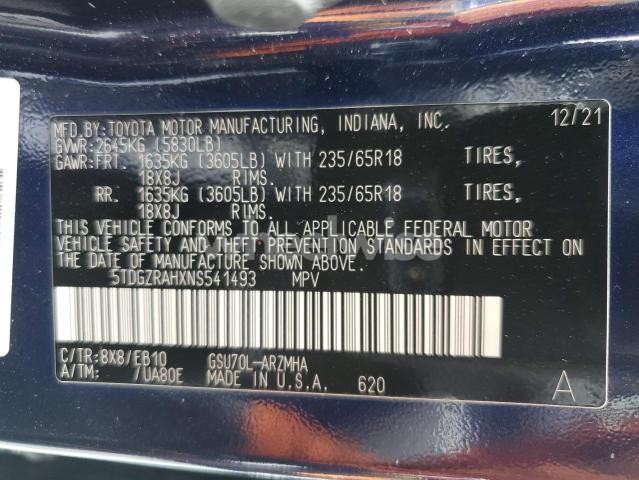 Photo 6 of 2022 TOYOTA HIGHLANDER XLE (VIN 5TDGZRAHXNS541493)