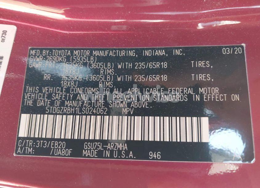 Photo 9 of 2020 Toyota Highlander XLE (VIN 5TDGZRBH1LS024062)