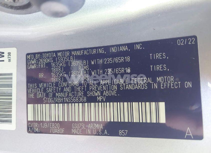 Photo 9 of 2022 Toyota Highlander XLE (VIN 5TDGZRBH1NS568368)