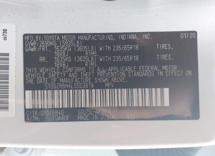 Photo 9 of 2020 Toyota Highlander XLE (VIN 5TDGZRBH4LS503818)