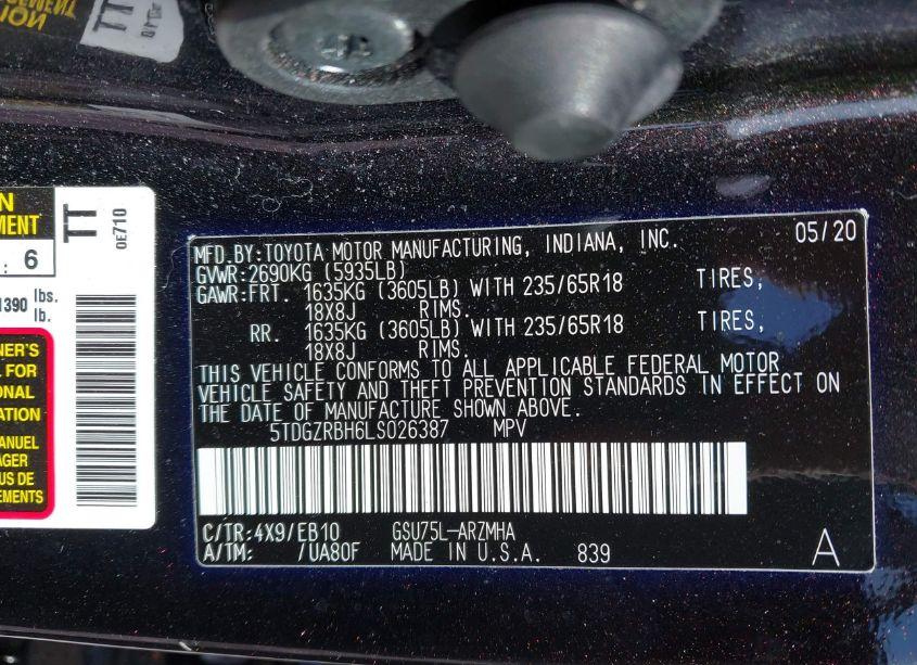 Photo 9 of 2020 Toyota Highlander XLE (VIN 5TDGZRBH6LS026387)