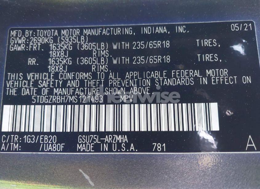 Photo 9 of 2021 Toyota Highlander XLE (VIN 5TDGZRBH7MS121493)