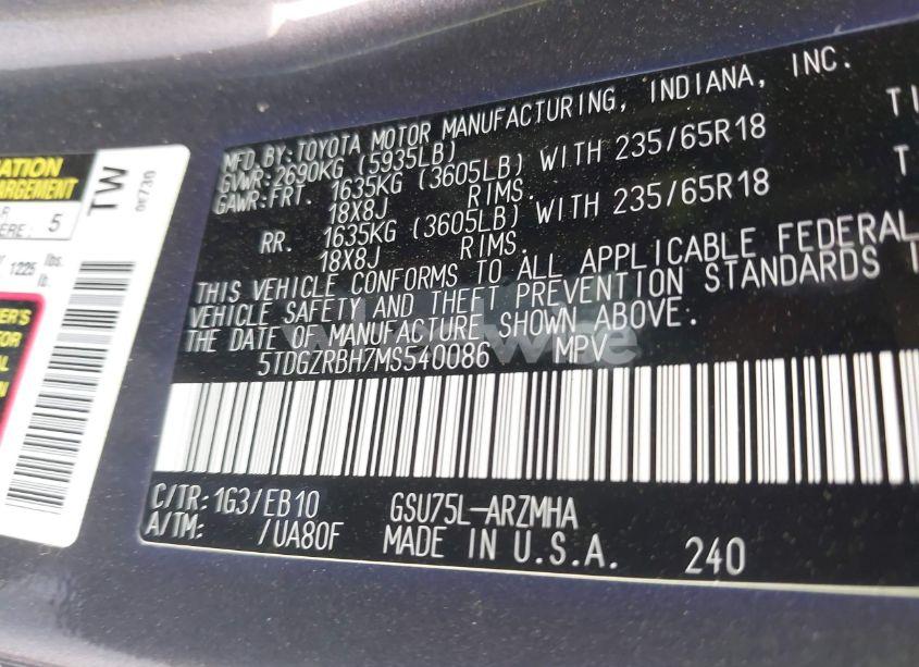 Photo 9 of 2021 Toyota Highlander XLE (VIN 5TDGZRBH7MS540086)